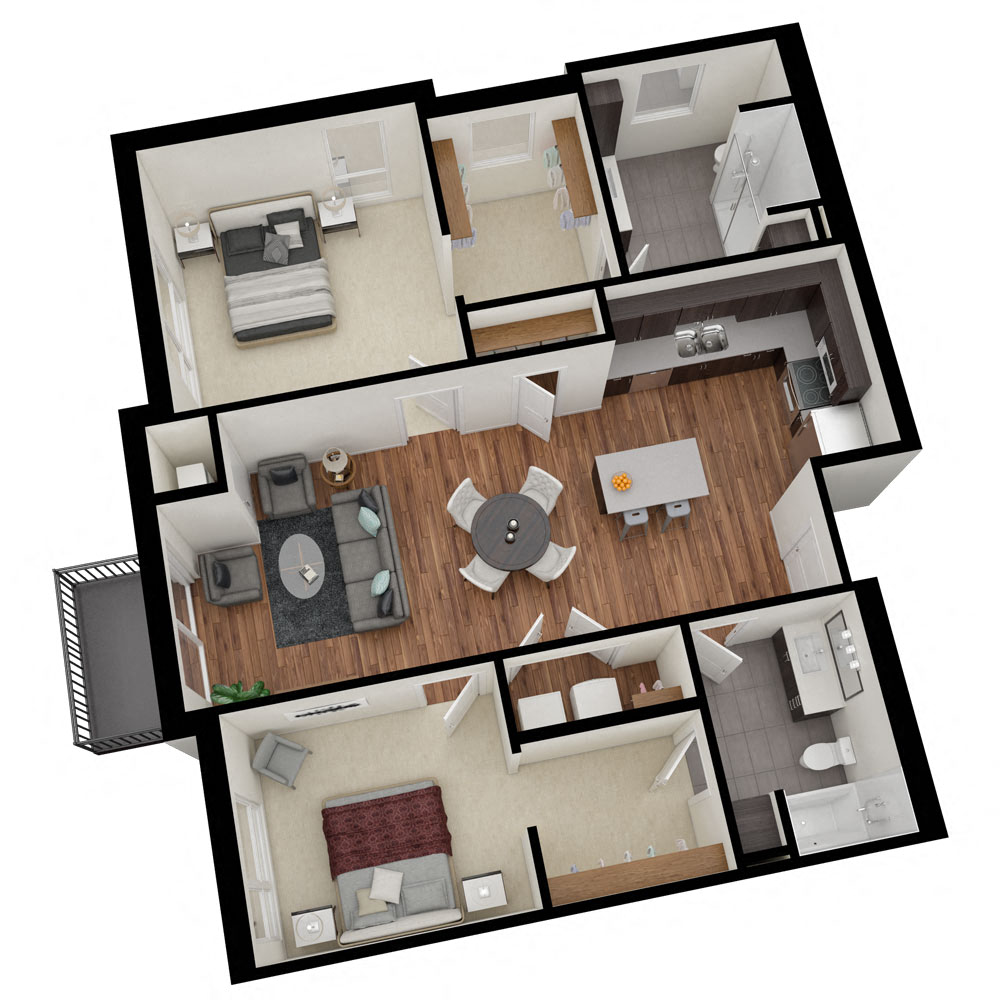 Floor plan for 2 beds, 2 baths, 1059 sqft